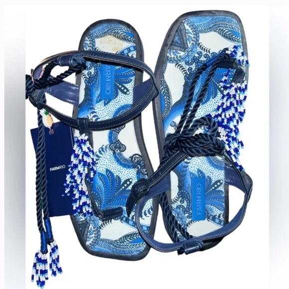 NWT FarmRio Rio Blue Tile Black Banana Beaded Flat Sandals in size 7 - Picture 3 of 3